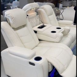 White Power Reclining Sofa/Couch With Adjustable Headrest, LED, USB port ,Cup Holders🤩 New Brand 💯 Financing✅