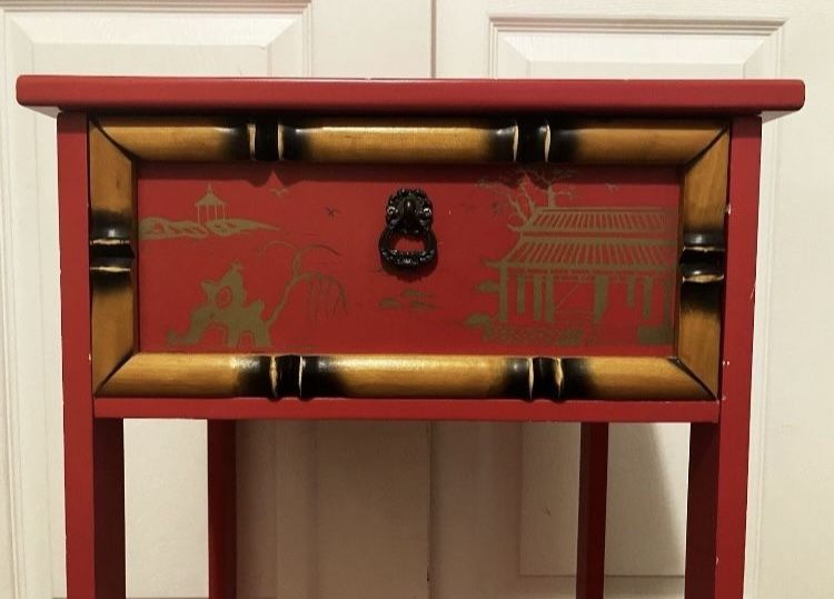 Red Chinese Side Table with Drawer Cabinet Oriental Art Carpentry Eastern Furniture 