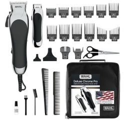 Wahl Clipper USA Deluxe Corded Chrome Pro, Complete Hair and Trimming Kit, Includes Corded Clipper, Cordless Battery Trimmer, and Styling Shears, for 