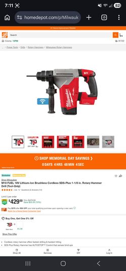 M18 FUEL 18V Lithium-lon Brushless Cordless SDS-Plus 1-1/8 in. Rotary Hammer Drill (Tool-Only