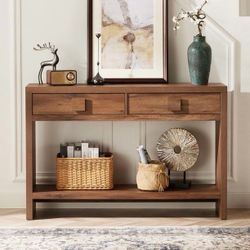 B156 $70  Console Table with Drawers, 47 Inch Narrow Entryway Table with Open Storage Shelves for Living Room  2 Drawers & Open Storage Shelf Design】O