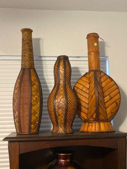 Set of 3 Woven Rattan Decorative Vases