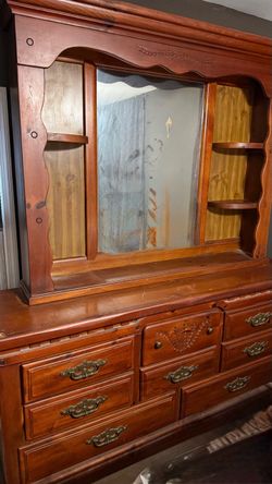 Vintage Wood Dresser with Mirror Hutch and two night stands