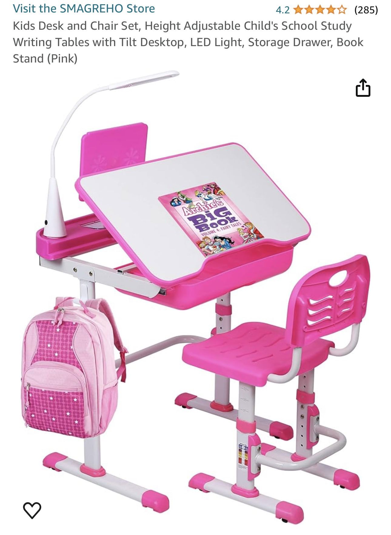 Kids Desk and Chair Set, Height Adjustable Child's School Study Writing Tables with Tilt Desktop, LED Light, Storage Drawer, Book Stand (Pink)