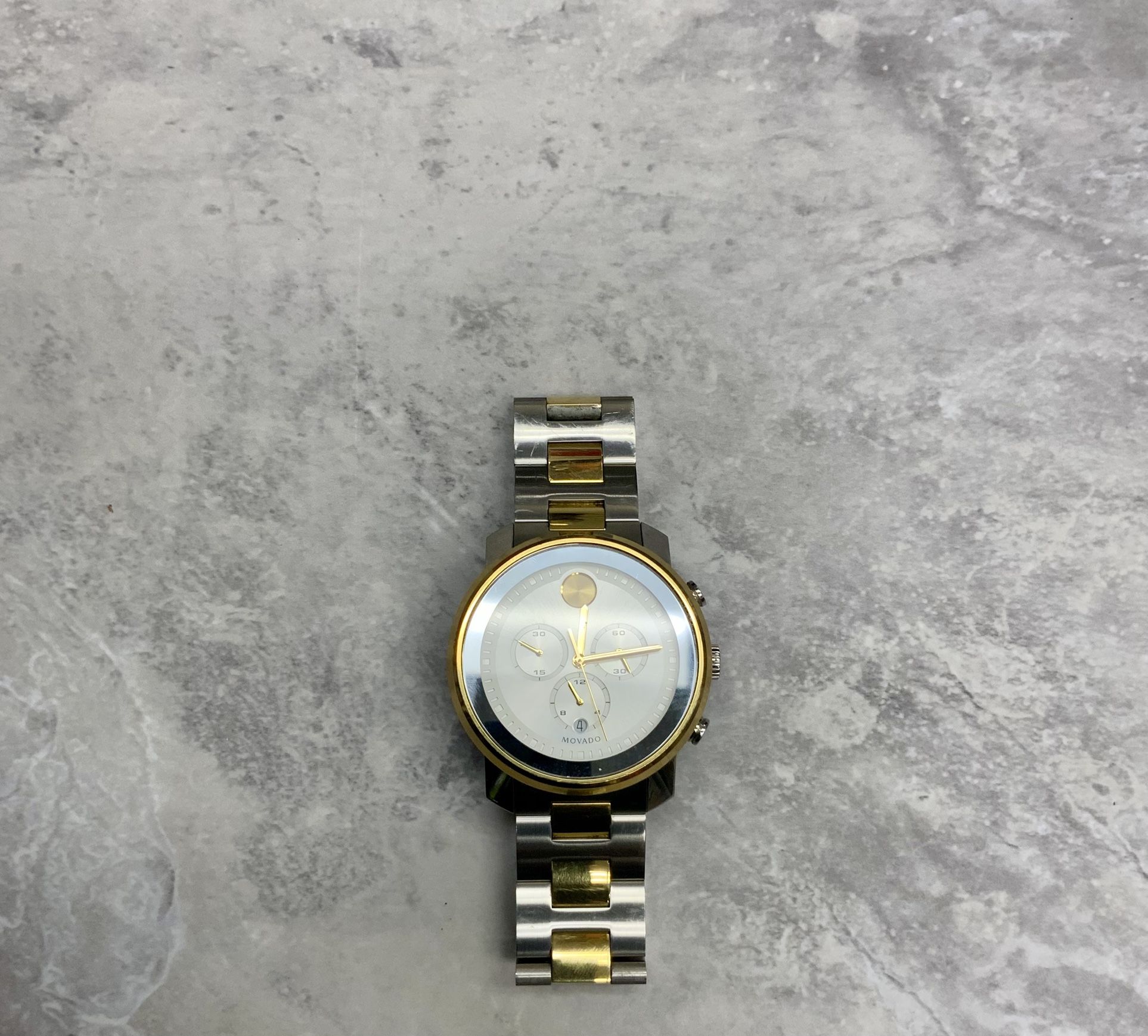 Movado 42mm Gold Bold Chronograph Two Tone Mens Watch Wristwatch Timepiece MB.01.1.20.6279 White Dial Stainless Bezel Band Fashion Luxury Brand