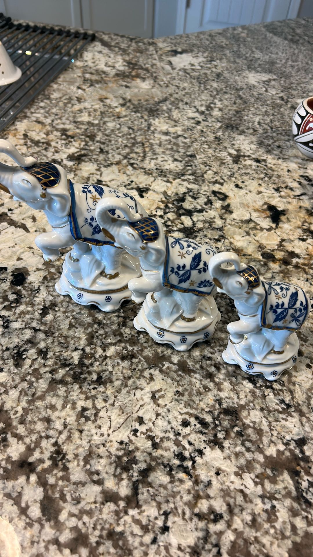 3 Mid Century Blue Circus Elephants, Trunk Up