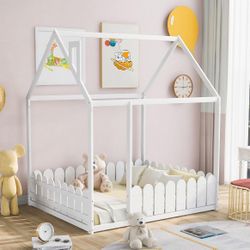 Full Size Wood Bed House Bed Frame With Fence