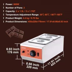 Chocolate Tempering Machine, 9 Lbs 2 Tanks Chocolate Melting Pot with TEMP Control 86~185℉, 800W Stainless Steel Electric Commercial Food Warmer F