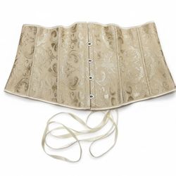 beige floral brocade corset made of a polyester blend. 