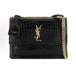 SAINT LAURENT YSL SUNSET Sunset Bag Gold Logo Crocodile Embossed Shiny Leather Chain Crossbody Shoulder Bag(103)39