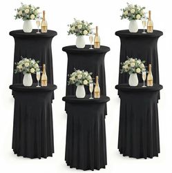 ArtSocket 6-Pack Black Spandex Cocktail Table Covers, Stretch Fitted High Top Highboy Tablecloths With Ruffle Skirt, Wrinkle-Resistant, For Wedding Ba