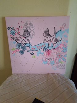 Pink Canvas Birds Girls Wall Art Decor 17 x 17"