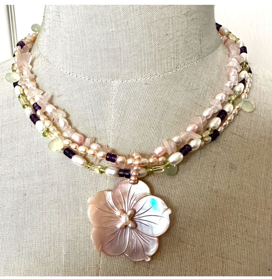 Pearl peridot amethyst multi strand flower pendant necklace