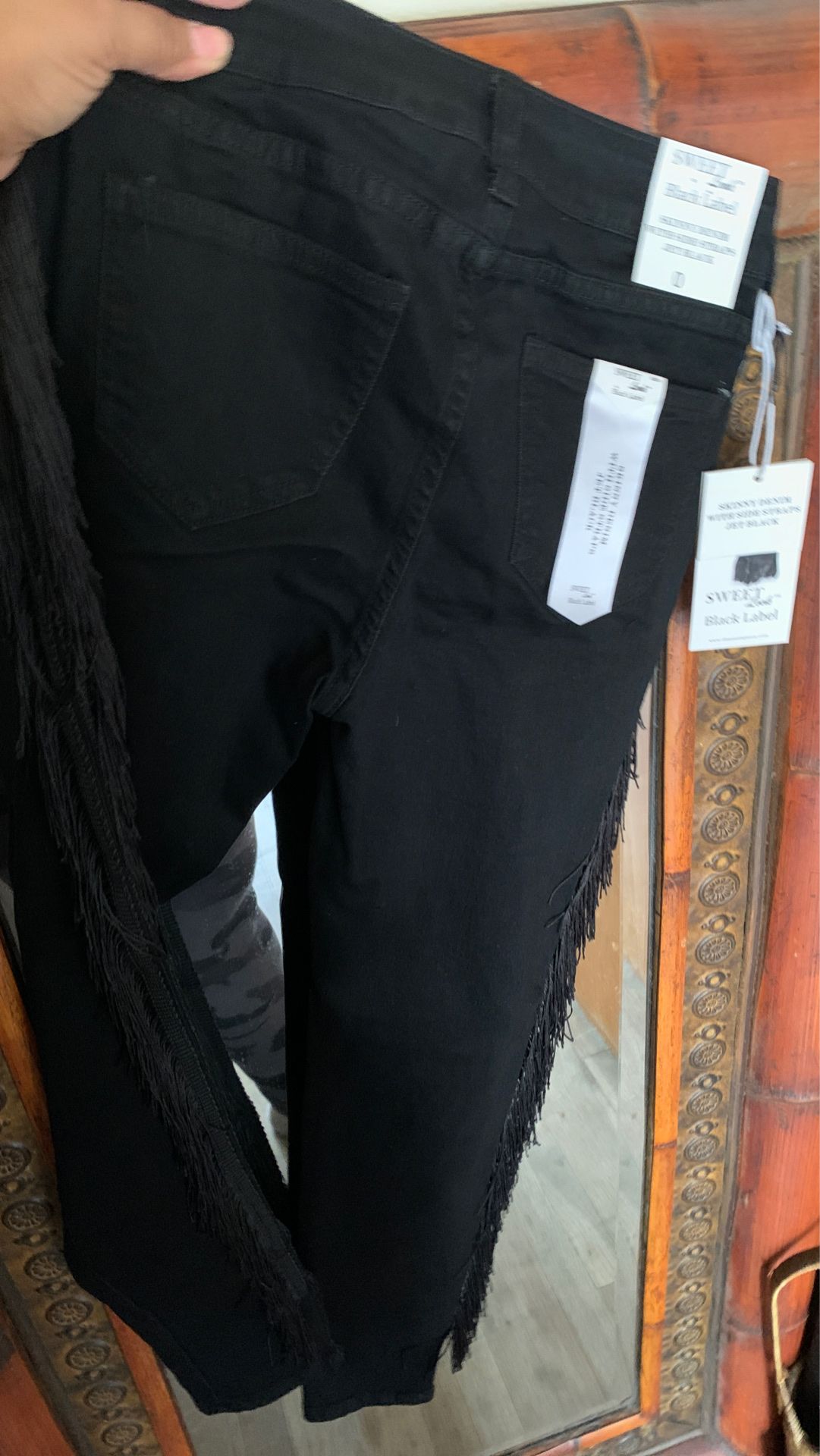 Brand new extra stretchy fringe black denim