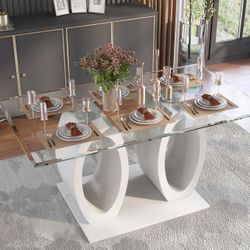 Quezon Glass Top Double Pedestal Dining Table -White W/ 4 Two-Tone Chairs And A Bench 