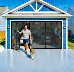 Magnetic Garage Door Screen 17x7 FT for 2 3 Car Garage, 17x7FT Fiberglass Screen Door, Heavy Duty Privacy Garage Net Screen, Hands-Free with 9 Roll Up