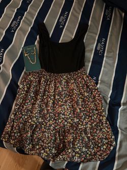 Black Bodice Floral Skirt Mini Dress with accessories