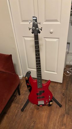 Red bass guitar
