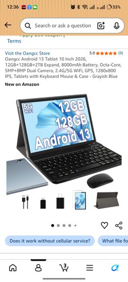 Oangcc Android 13 Tablet 10 Inch 2026, 12GB+128GB+2TB Expand, 8000mAh Battery, Octa-Core, 5MP+8MP Dual Camera, 2.4G/5G WiFi, GPS, 1280x800 IPS, Tablet