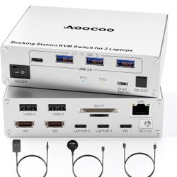 AOOCOO 4K USB-C KVM Switch Dock for 2 Laptops, Dual HDMI, 100W PD, 1G Ethernet
