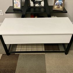 Storage Bench/Chest, White Wood/Black Metal 39Lx16Dx18H