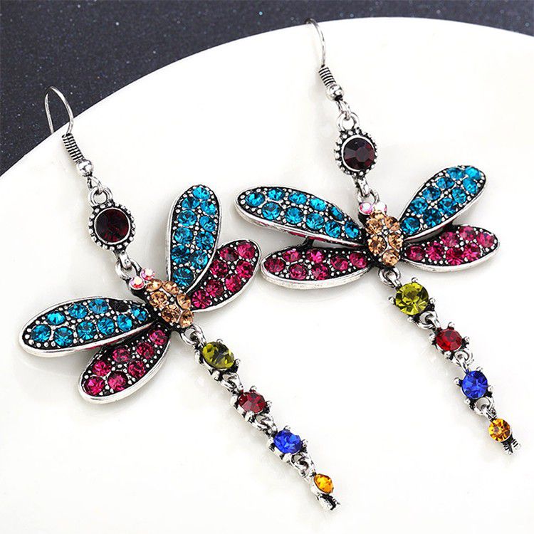 "Multi Color Dragonfly Crystal Rhinestone Silver Plated Hook Earrings, VP1019
 
 