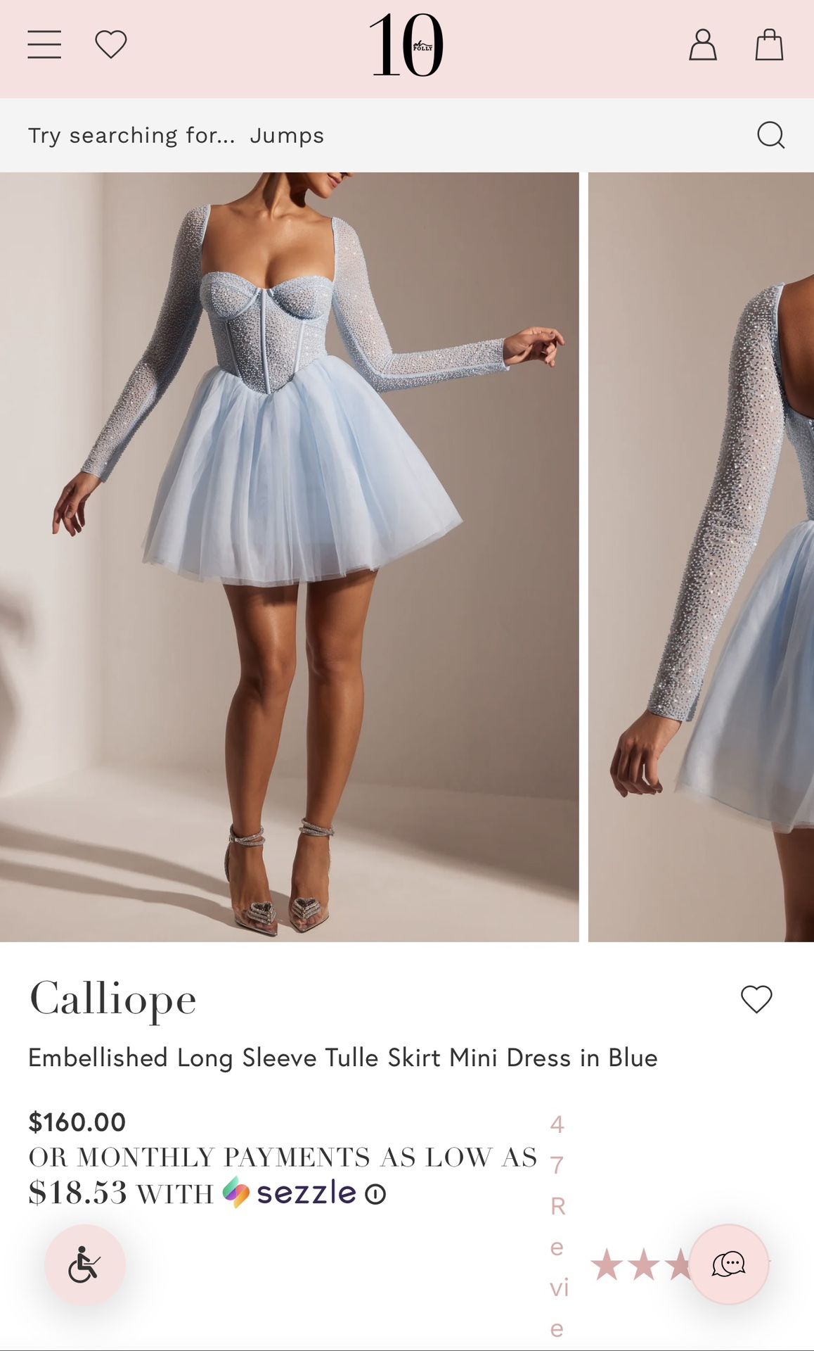 Embellished Long Sleeve Tulle Skirt Mini Dress in Blue