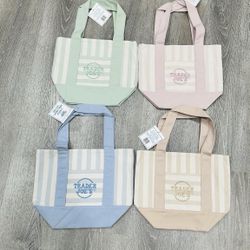 TRADER JOE'S MINI PASTEL STRIPE CANVAS TOTE BAGS SET Of 4 PINK BLUE GREEN BEIGE