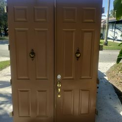 Exterior Metal Double Doors Approximately 32x32x95.25 Good Condition Door Knob Knocker Outside Viewer