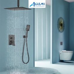 Aolemi Ceiling Mount Shower System, 16 Inch Rain Shower Head with Handheld Spray High Pressure Shower Faucet Nickel and chrome and black C46