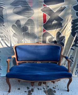 Antique 1800s French Louis XV Carved Wood Frame & Blue Velvet Sofa Chair Chairs