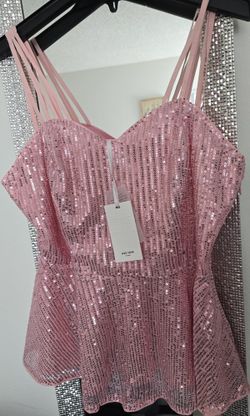 Blusa Con Volantes Y Tirantes De Lentejuelas Para Mujer Medida XL Color Rosa 