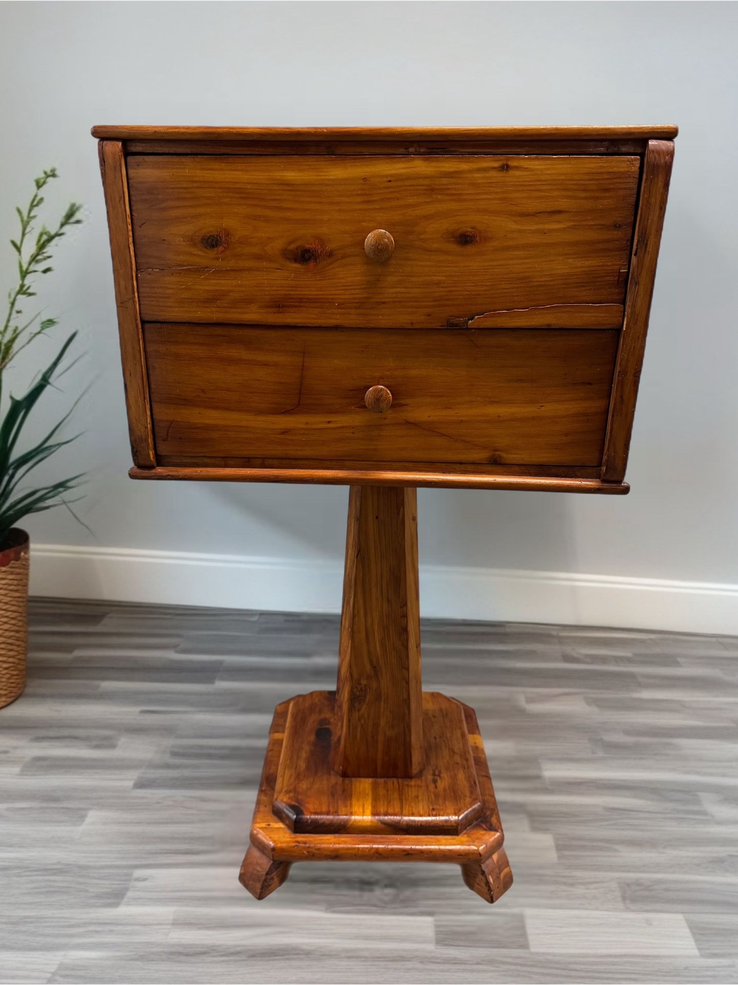 Vintage Handcrafted Wood Pedestal Side Table with Two Drawers