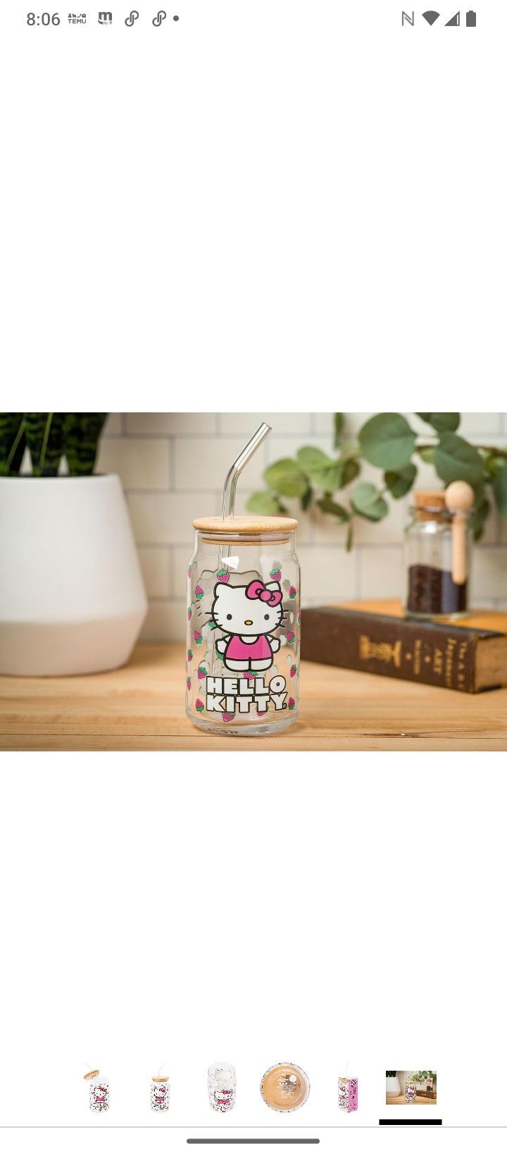 Silver Buffalo Sanrio Hello Kitty Strawberry Glass Jar Tumbler with Bamboo Lid and Glass Straw, 16 Ounces