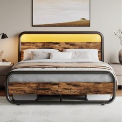 Full Size Bed Frame, Wood Headboard and Footboard, LED Lights, Rustic Brown
Metal Platform with Heavy Duty Metal Slats Support/12 in Under-Bed Storage