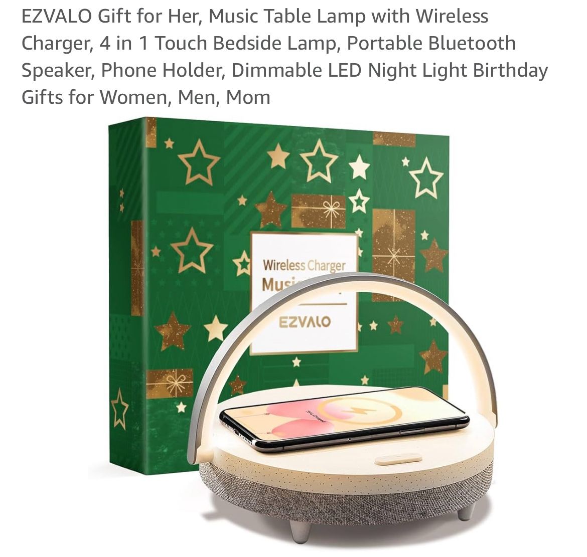 EZVALO Gift for Her, Music Table Lamp with Wireless Charger, 4 in 1 Touch Bedside Lamp, Portable Bluetooth Speaker, Phone Holder, Dimmable LED Night L