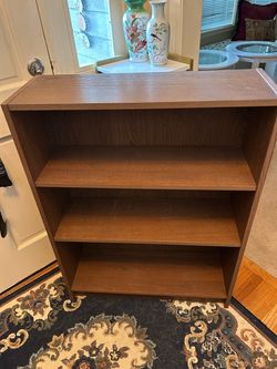 Wooden 3-tier Bookshelf, Bookcase in walnut finish. Sturdy and functional. 31 1/2” wide, 11” deep, 42” high