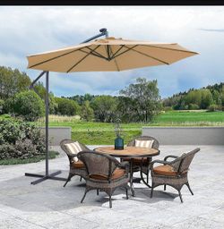 10 FT Solar LED Patio Outdoor Umbrella Hanging Cantilever Umbrella Offset Umbrella Easy Open Adustment with 32 LED Lights -taupe