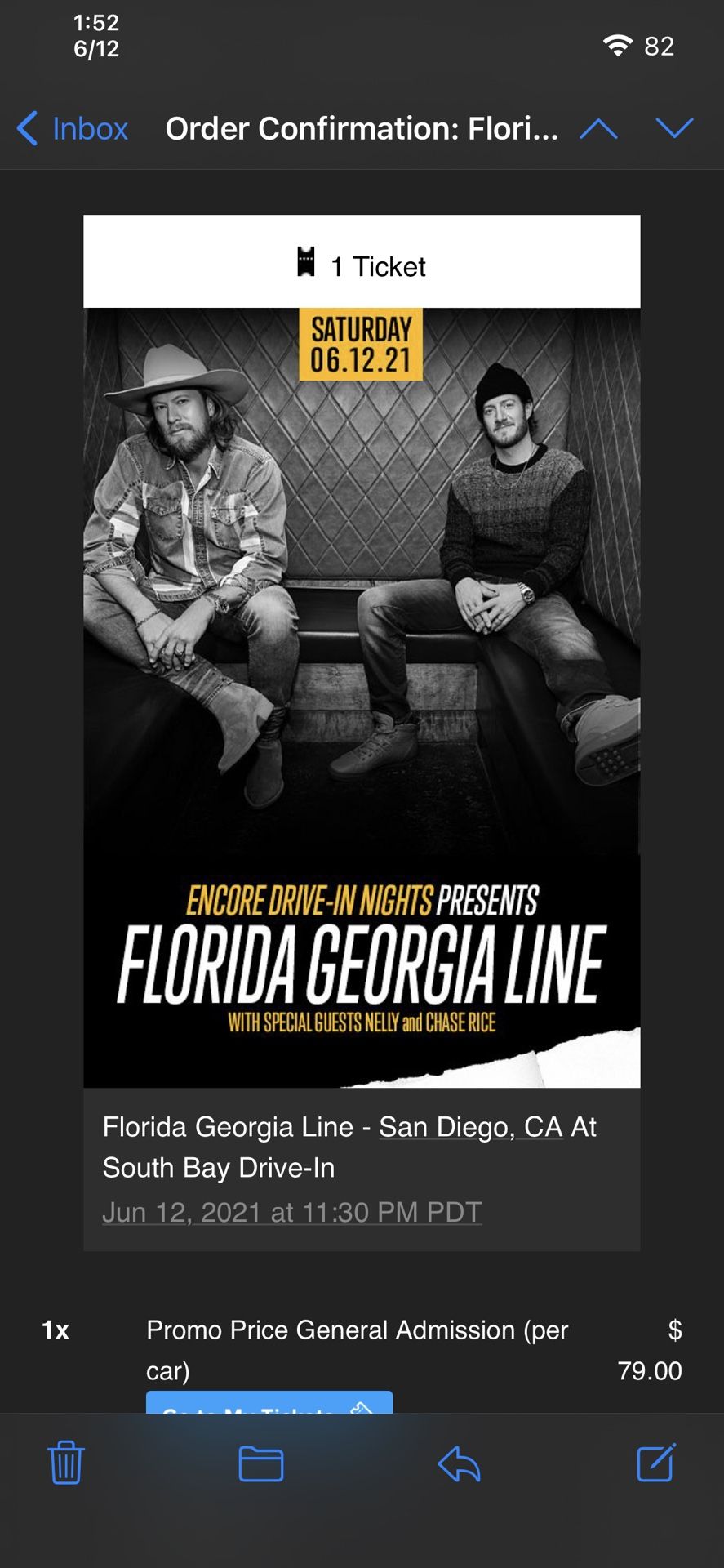 Florida Georgia Line Tickets 6/12 South Bay Drive in 11:30PM