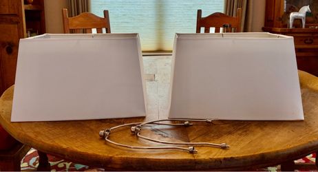 Set of 2 white linen lampshades & 2 lamp harps