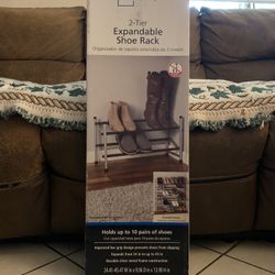 Mainstays 2-Tier Shoe Rack Storage Organizer, Silver Metal and Black Rod, 10 Pairs