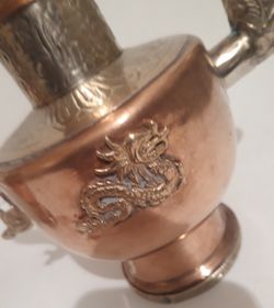 Vintage Set of 2 Metal Copper, Brass and Silver Tea Pots Set, 10" Tall, Dragons, Kitchen Decor, Table Decor, Shelf Display Thumbnail