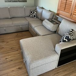 New Sectional With Sleeper With Chaise Storage.  92x119x60.  Beige Or Grey Fabric.  Free Delivery!