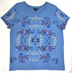 Lucky Brand Women's Size XL Light Blue Cotton S/S Tee Shirt- Floral Pattern
