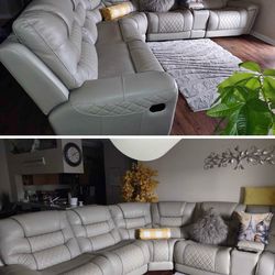 Grey leather sectional with recliners