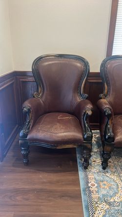 Victorian Style Leather Armchair Dark Wood Frame