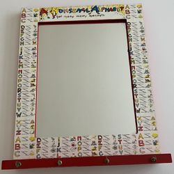 ONE-OF-A-KIND VINTAGE - Wall Mirror with ABC Poem Frame, Shelf, and Clothes Hooks Handmade and Signed by Artist