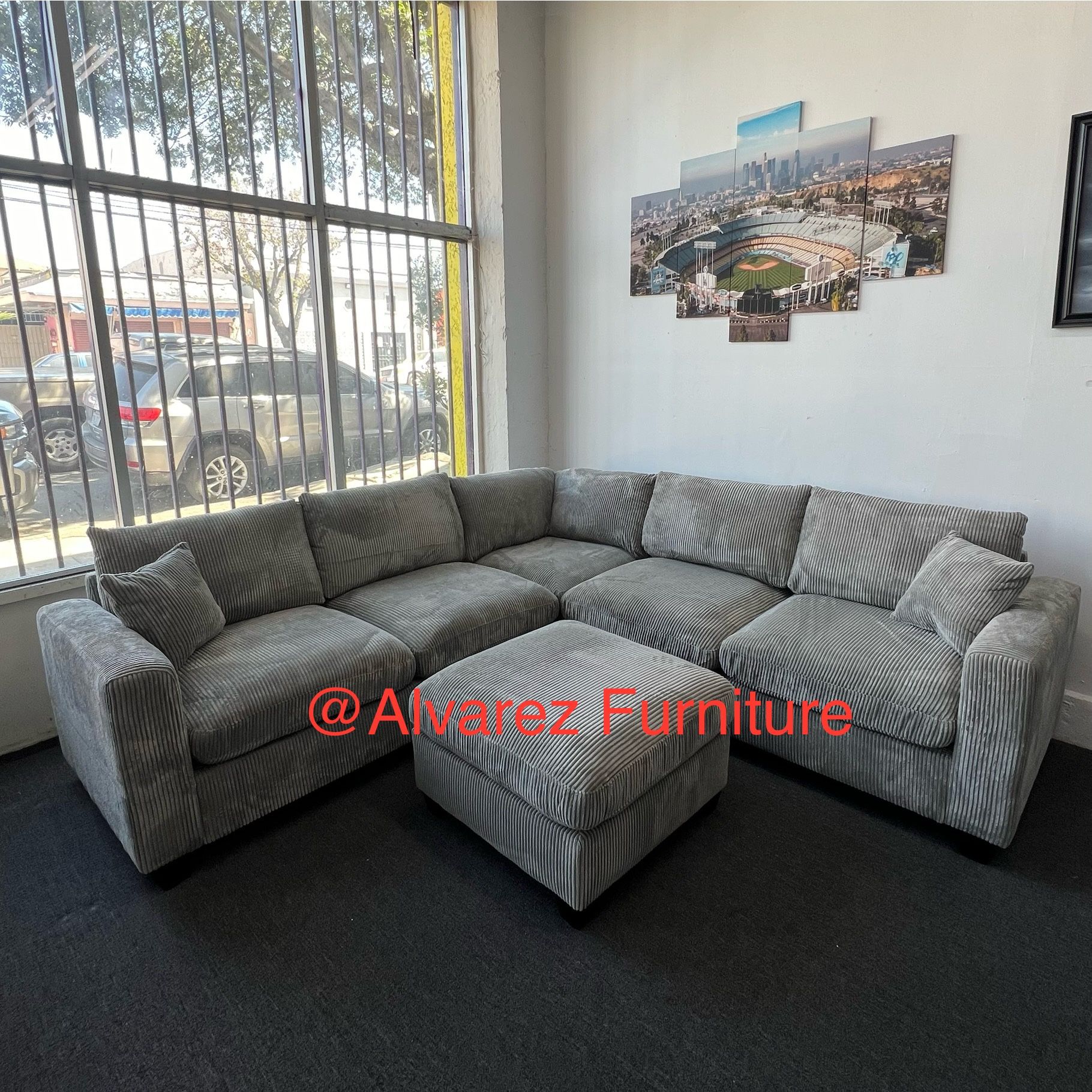 Corduroy sectional sofa with ottoman