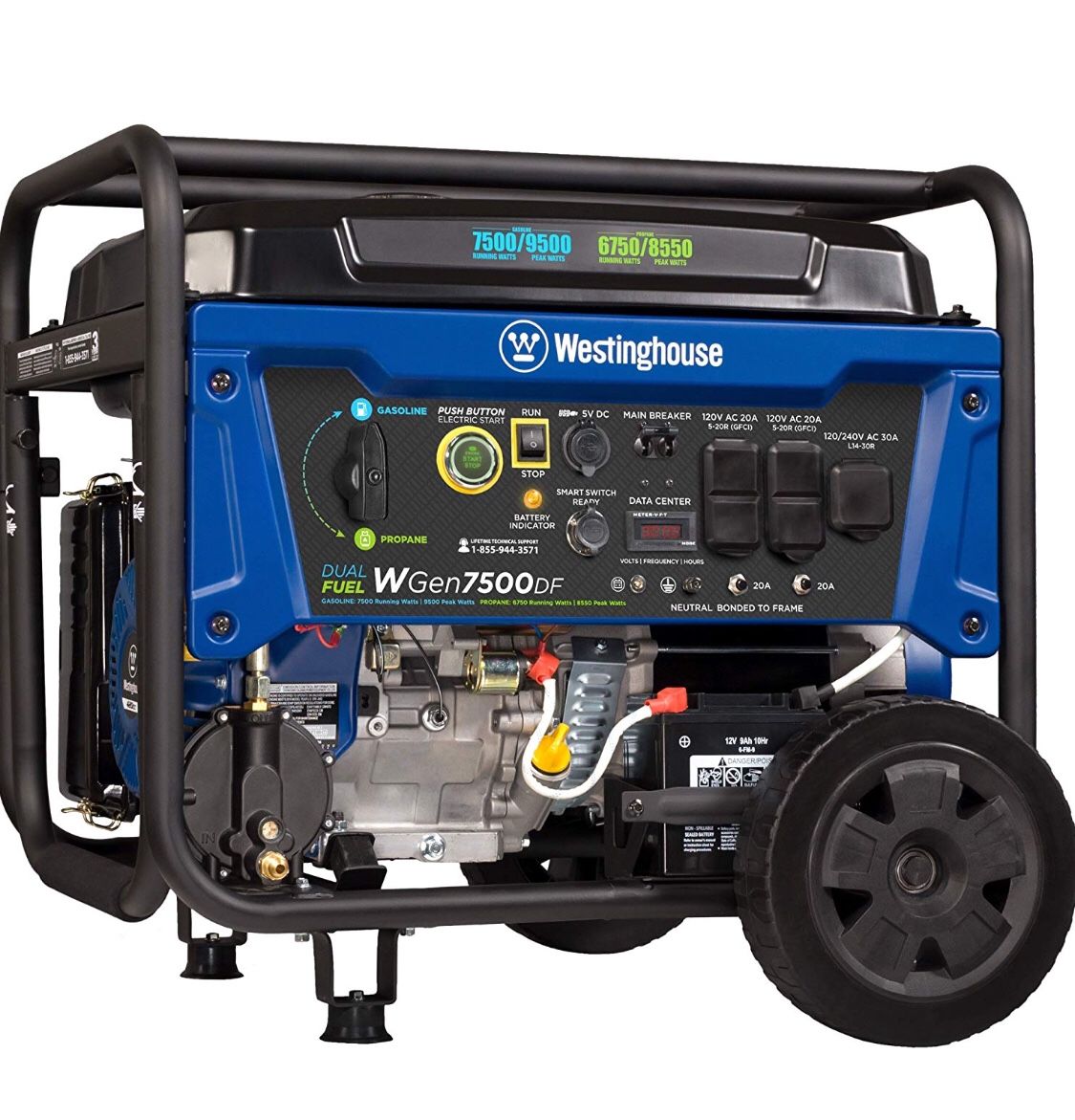 Westinghouse WGen7500DF Dual Fuel Portable Generator - 7500 Rated Watts & 9500 Peak Watts - Gas or Propane Powered - CARB Compliant