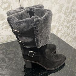 Johnston Murphy Women's Elegant Boots Sz 8 Black Suede RealFur Cuff Buckles Boho